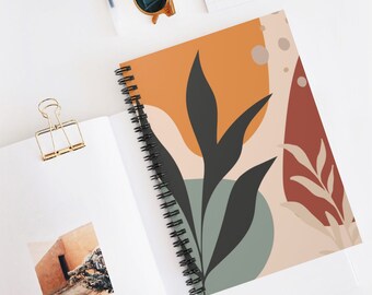 Boho Floral Notebook | Aesthetic Spiral Notebook | Neutral Pastel Brown Green Notebook Journal Diary | 118 Ruled Lined Pages