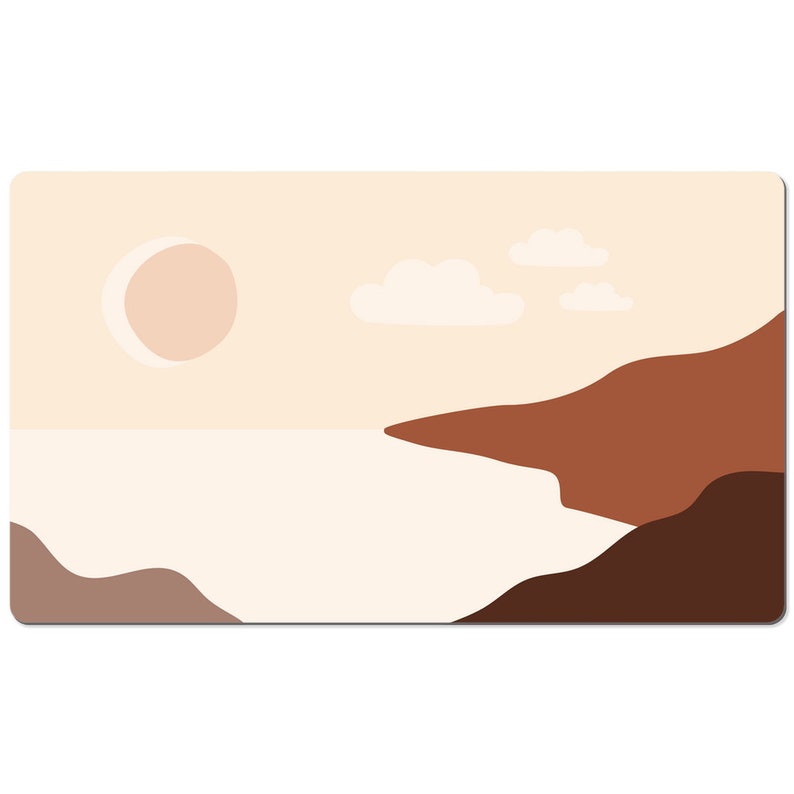 May include: A rectangular desk mat featuring a minimalist landscape design. The artwork depicts a light brown sun and clouds against a beige sky, with brown and beige land formations and a white sea. The overall aesthetic is modern and abstract.