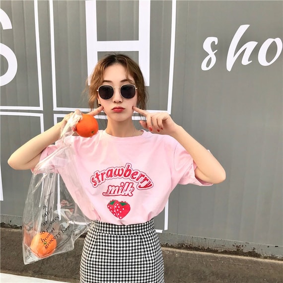 Kawaii Strawberry Milk Print T-shirt - Kawaii Fashion Shop