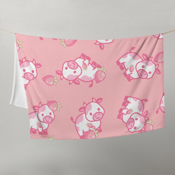 Strawberry Cow Blanket Kawaii Pink Fleece Blanket Soft Throw