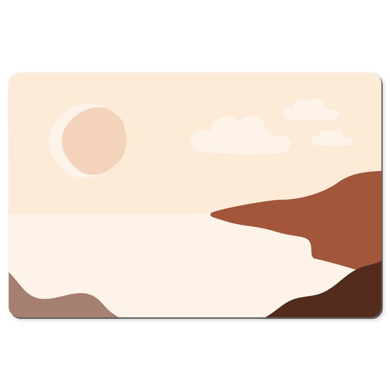 May include: A rectangular mousepad featuring a minimalist landscape design. The artwork depicts a beige sky with a light pink sun and white clouds. Brown and beige shapes represent land and water, creating a serene, abstract scene.