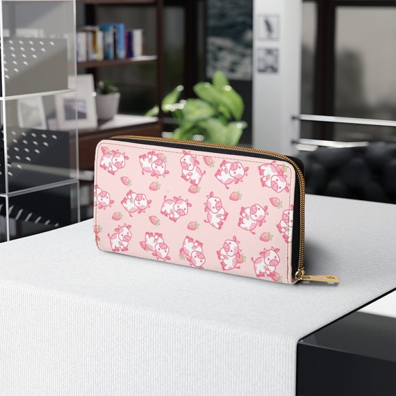 Fkelyi Pink Cow Print Zipper Wallets for Women and Girls,Credit Cards Phone Purse Pouch,Debit Cards Card Holder Organizer Wallet for Travel and Office