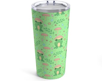 Cottagecore Frog Tumbler 20oz | Cute Green Kawaii Frog Mushroom Tumbler | Funny Frog Tumbler | Japanese Anime Frog Art Tumbler Mug