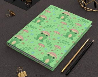 Cottagecore Kawaii Frog Hardcover Journal | Green Japanese Aesthetic Notebook | Harajuku Lined Journal | Cute Anime Journal Notebook