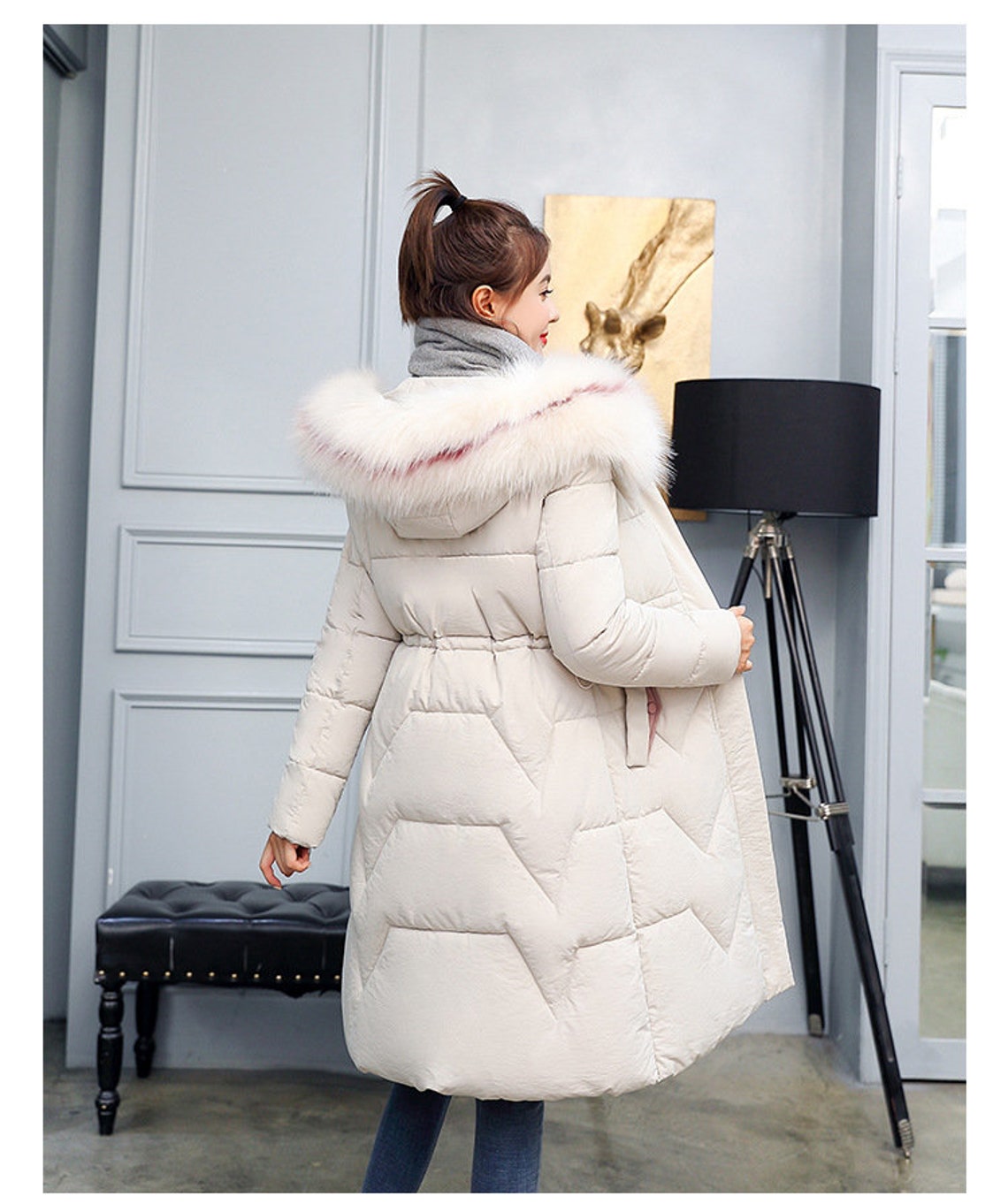 White Puffy Women's Winter Coat with Fur Hood Etsy