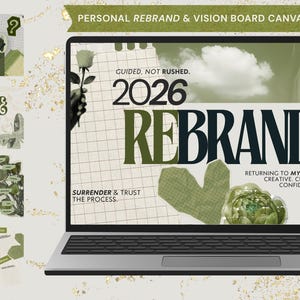 Op de afbeelding: Een laptop toont een vision board-sjabloon met de tekst "REBRAND" en "2026". Extra afbeeldingen zijn een sleutel, roos en de woorden "Letter to Myself" en "Release & Reset". De sjabloon is volledig bewerkbaar in Canva.