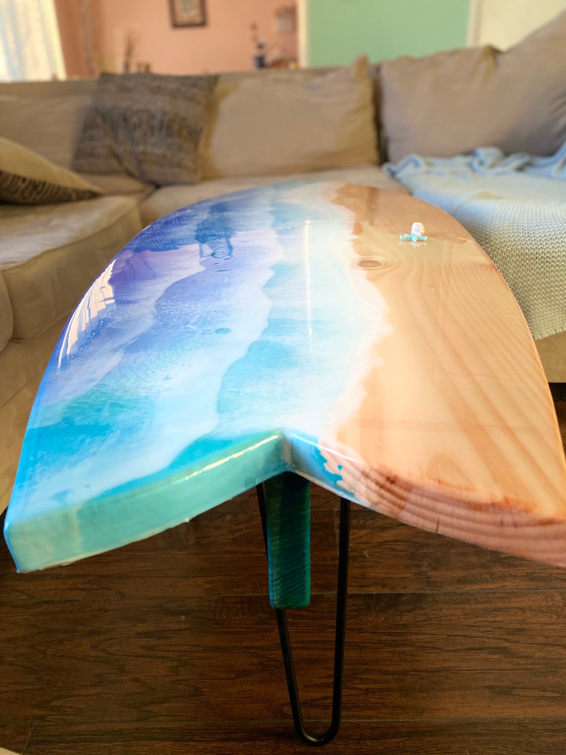 Unique handmade surfboard coffee table with epoxy resin waves Etsy