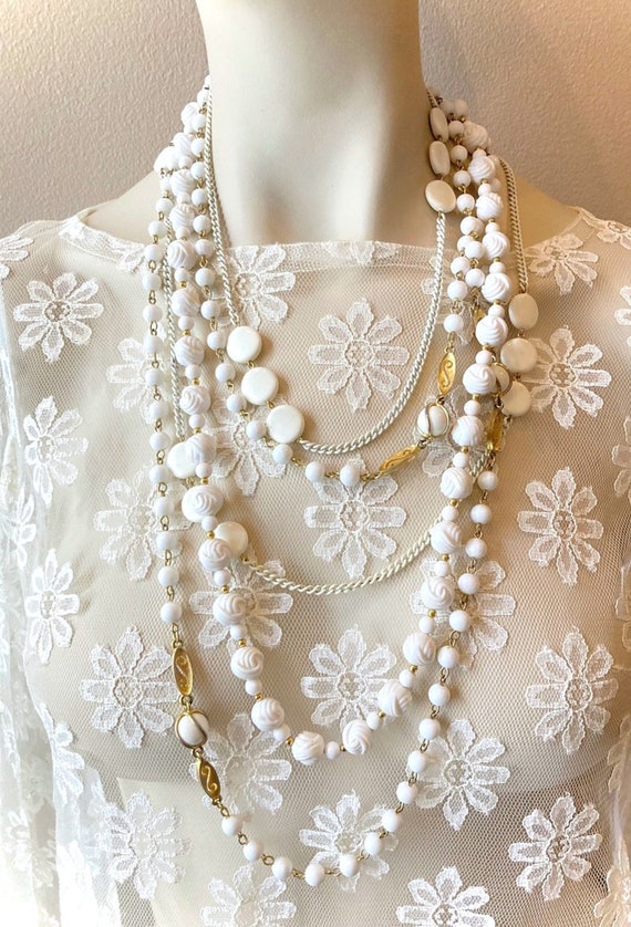 6 vintage milkglass and plastic bead long necklace