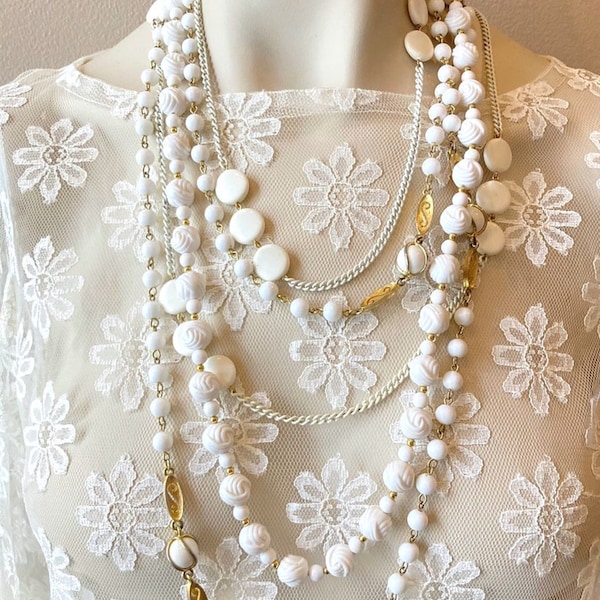 6 vintage milkglass and plastic bead long necklaces chokers 1960 destash Monet Sarah Coventry