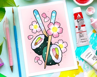 Sushi Lovers with Sakura Cherry Blossoms Watercolor PRINT by Michelle Coffee