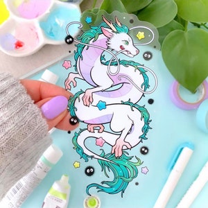 CLEAR STICKER 5" Anime Dragon with Dust Bunnies and Konpeito Star Candy Cherry Blossoms by Michelle Coffee