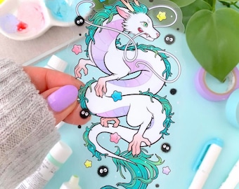 CLEAR STICKER 5" Anime Dragon with Dust Bunnies and Konpeito Star Candy by Michelle Coffee