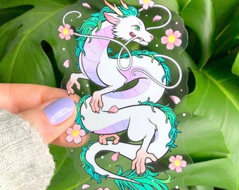 CLEAR STICKER 5" Anime Dragon with Sakura Cherry Blossoms by Michelle Coffee