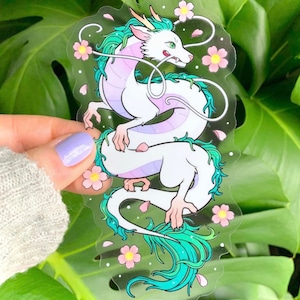 CLEAR STICKER 5" Anime Dragon with Sakura Cherry Blossoms by Michelle Coffee
