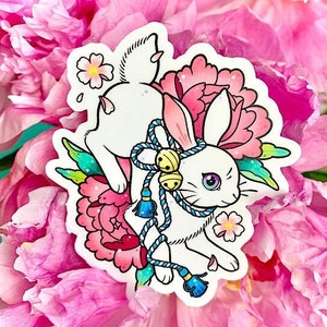 Usagi Bunny Rabbit with Peonies Japanese Irezumi Kawaii Tattoo STICKER by Michelle Coffee
