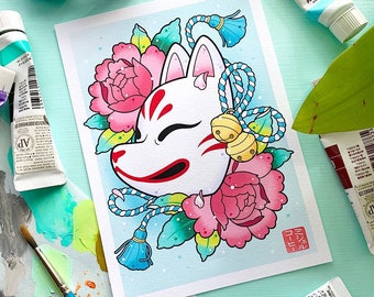 Japanese Kitsune Fox Mask and Peonies Watercolor Tattoo Flash PRINT by Michelle Coffee
