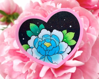 GLITTER Mini Blue Peony Botanical Japanese Flower Sticker with Pink Border by Michelle Coffee