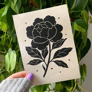 5x7&quot; Peony Flower PRINT on Handmade Japanese Washi Paper Linocut Block Printing by Michelle Coffee