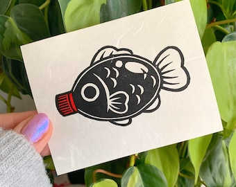 Mini BLOCK PRINT Soy Sauce Fish Japanese Food Shoyu Linocut Block Printing by Michelle Coffee