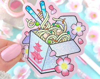 GLITTER Takeout Noodles Box with Sakura Cherry Blossoms STICKER by Michelle Coffee