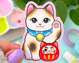 MATTE STICKER Lucky Cat Maneki Neko with Daruma Cat by Michelle Coffee