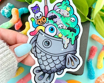 GLITTER Spooky Cute Taiyaki Ice Cream Halloween Skull Creepy Cute STICKER by Michelle Coffee