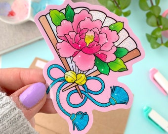 GLITTER Japanese Paper Fan with Peony Flower STICKER by Michelle Coffee