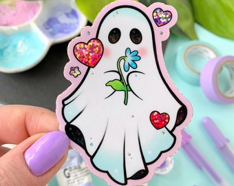 GLITTER Ghost with Flowers and Hearts Spooky Creepy Cute Halloween STICKER by Michelle Coffee
