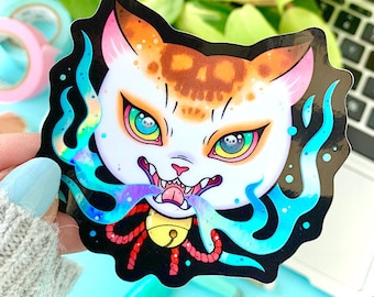 HOLOGRAPHIC Yokai Nekomata Japanese Folklore Neko Skull STICKER by Michelle Coffee