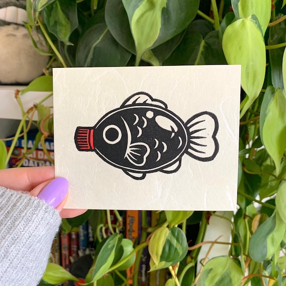 Mini Print Soy Sauce Fish Japanese Food Shoyu Linocut Block