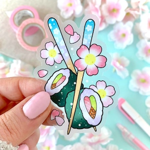 CLEAR Sushi Lovers with Sakura Cherry Blossoms Kawaii Cute STICKER by Michelle Coffee