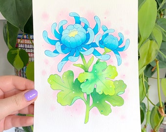 ORIGINAL PAINTING Blue Kiku Flower Watercolor and Colored Pencils by Michelle Coffee