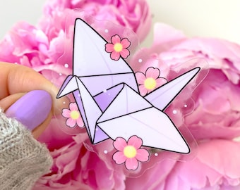 CLEAR STICKER Origami Paper Crane with Sakura Cherry Blossoms by Michelle Coffee