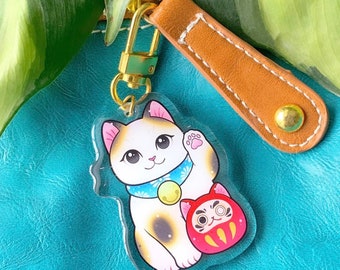 ACRYLIC CHARM Lucky Cat Maneki Neko with Daruma by Michelle Coffee