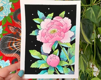 ORIGINAL PAINTING Pink Peonies Floral Ukiyo-e Watercolor Gouache and Ink by Michelle Coffee