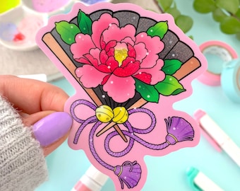 GLITTER Japanese Paper Fan with Peony Flower STICKER by Michelle Coffee