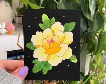 ORIGINAL PAINTING 4x5" Watercolor Yellow Peony Botan Flower by Michelle Coffee