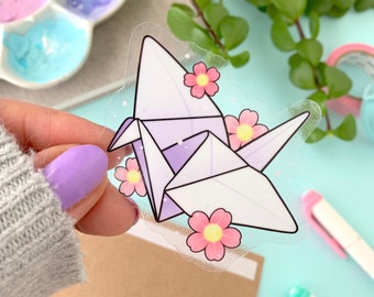 CLEAR STICKER Origami Paper Crane with Sakura Cherry Blossoms by Michelle Coffee