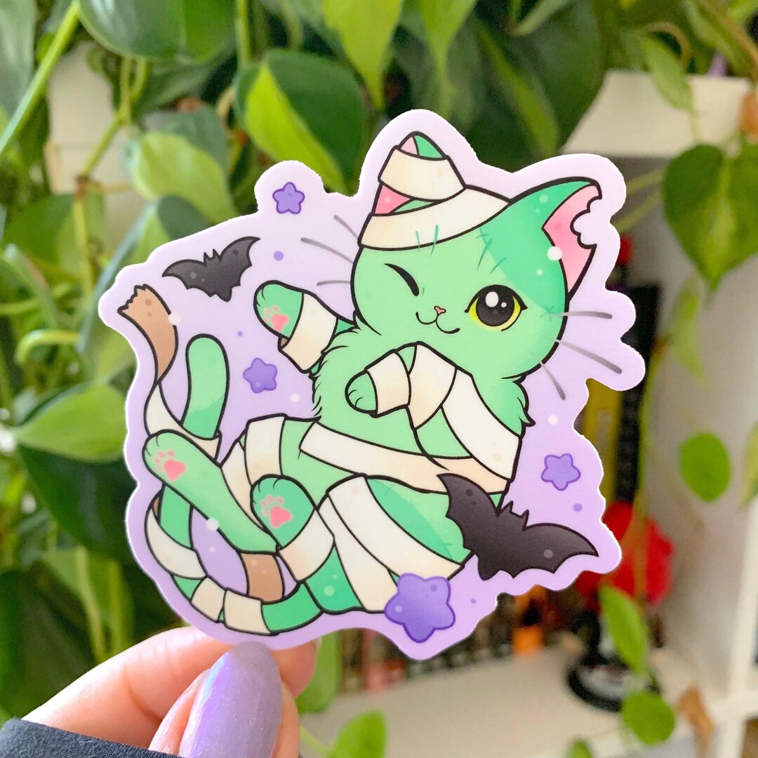 MATTE Spooky Cute Mummy Cat With Bats and Stars Horror Halloween Cat ...