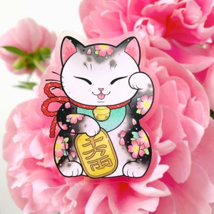 CLEAR Japanese Maneki Neko Lucky Cat with Cherry Blossoms Sakura STICKER by Michelle Coffee