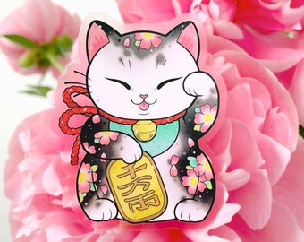 CLEAR Japanese Maneki Neko Lucky Cat with Cherry Blossoms Sakura STICKER by Michelle Coffee