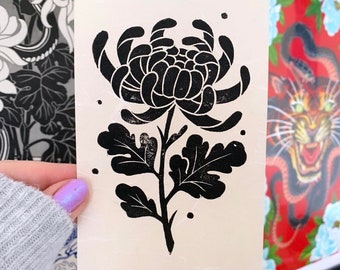 Kiku Chrysanthemum Linocut Block PRINT by Michelle Coffee