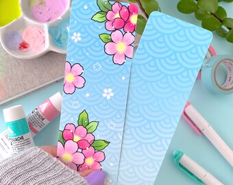 BOOKMARK Sakura Cherry Blossoms themed with Blue Background by Michelle Coffee