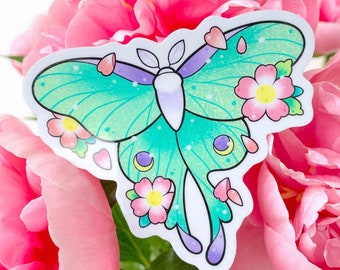 GLITTER Luna Moth with Sakura Cherry Blossoms Flower Tattoo STICKER by Michelle Coffee