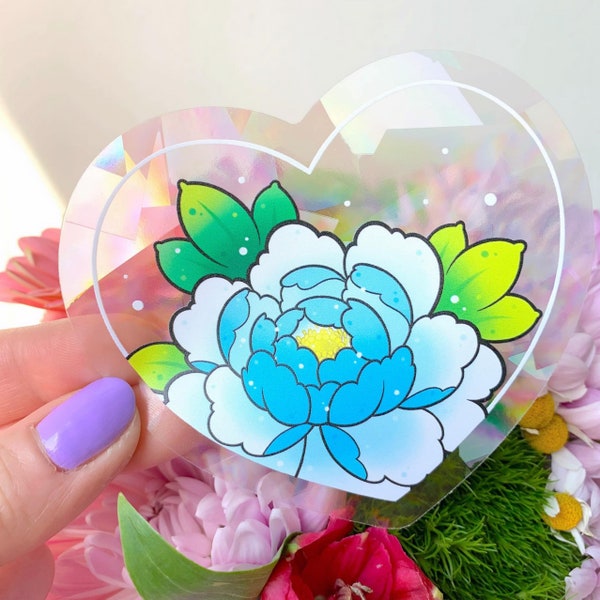 Rainbow Maker Blue Peony Heart Shape Botanical Flower Window Cling by Michelle Coffee