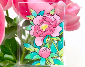 CLEAR Pink Peonies Japanese Ukiyo-e Botanical Pastel Flower STICKER de Michelle Coffee