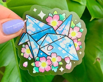 CLEAR Japanese Origami Paper Crane with Cherry Blossoms Sakura STICKER by Michelle Coffee