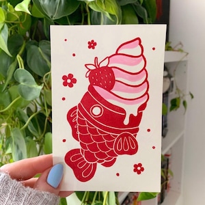 Strawberry Taiyaki Ice Cream  Japanese Sweets Food Print on Washi Paper Linocut Block Printing by Michelle Coffee