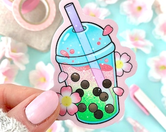 GLITTER Strawberry Matcha Boba Drink with Sakura Cherry Blossoms STICKER by Michelle Coffee