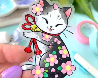 CLARO Japonés Irezumi Neko Gato con Flores de Cerezo Sakura PEGATINA por Michelle Coffee